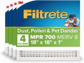 Filtrete 18x18x1 AC Furnace Air Filter, MPR 700, MERV 8, Tough on Pollen, Easy on Airflow, 3-Month Pleated 1-Inch Electrostatic Air Cleaning Filter, 4-Pack (Actual Size 17.81 x 17.81 x 0.81 in)