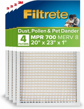 Filtrete 20x23x1 AC Furnace Air Filter, MPR 700, MERV 8, Tough on Pollen, Easy on Airflow, 3-Month Pleated 1-Inch Electrostatic Air Cleaning Filter, 4-Pack (Actual Size 19.69 x 22.69 x 0.81 in)