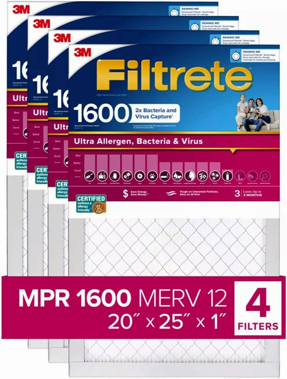 Filtrete Ultra Allergen 2X Bacteria & Virus Filter (1600 MPR), 20x25x1 (4 Pack)