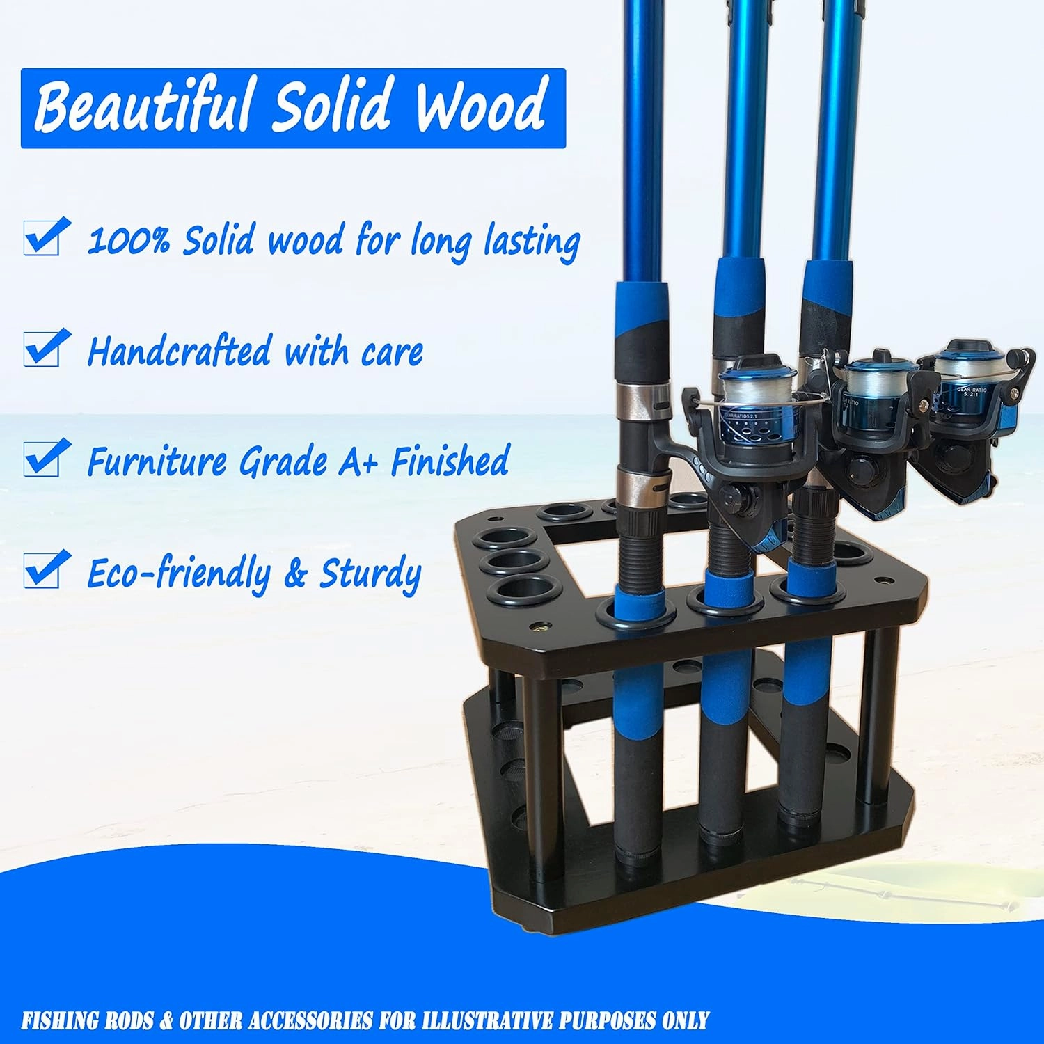 Fishing Rod Rack, Floor Standing Fishing Pole Rod Holder Wood Store Up to 12 Rods and Combos Seamlessly Match Any Home, Garage (Black)