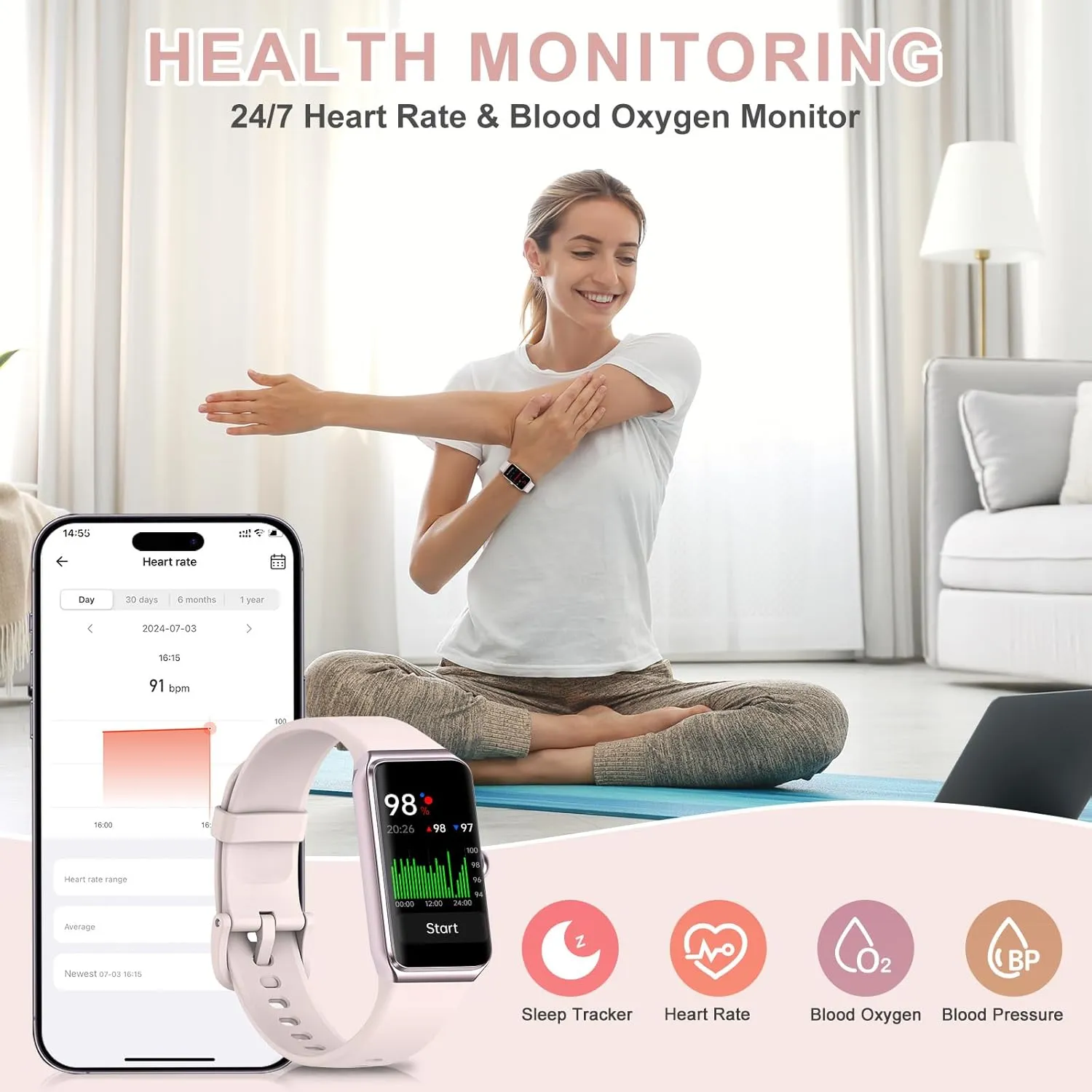 Fitness Tracker, Fitness Watch with 24/7 Heart Rate, Blood Pressure, Step Counter Sleep Tracking, Activity Pedometer for Women Men