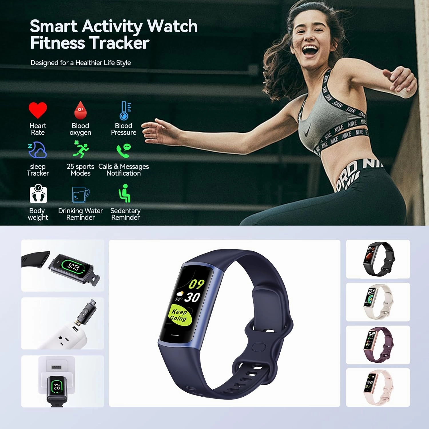 Fitness Tracker, 25 Sports Modes, Heart Rate/Blood Oxygen and Pressure Monitor Sleep Step Tracker/Carolies Waterproof Smartwatch Smart Bracelet for Android and iOS Phone (Blue)