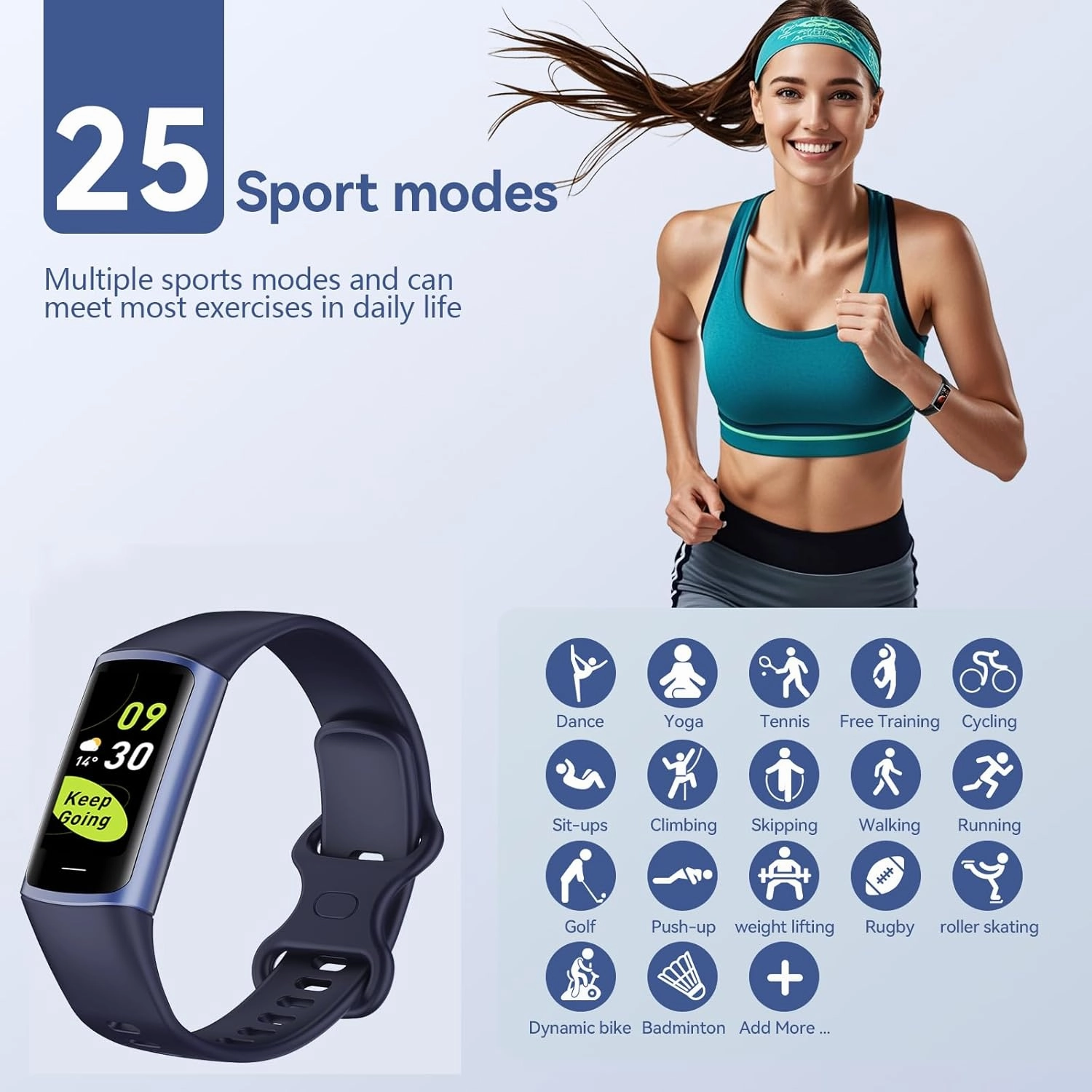 Fitness Tracker, 25 Sports Modes, Heart Rate/Blood Oxygen and Pressure Monitor Sleep Step Tracker/Carolies Waterproof Smartwatch Smart Bracelet for Android and iOS Phone (Blue)