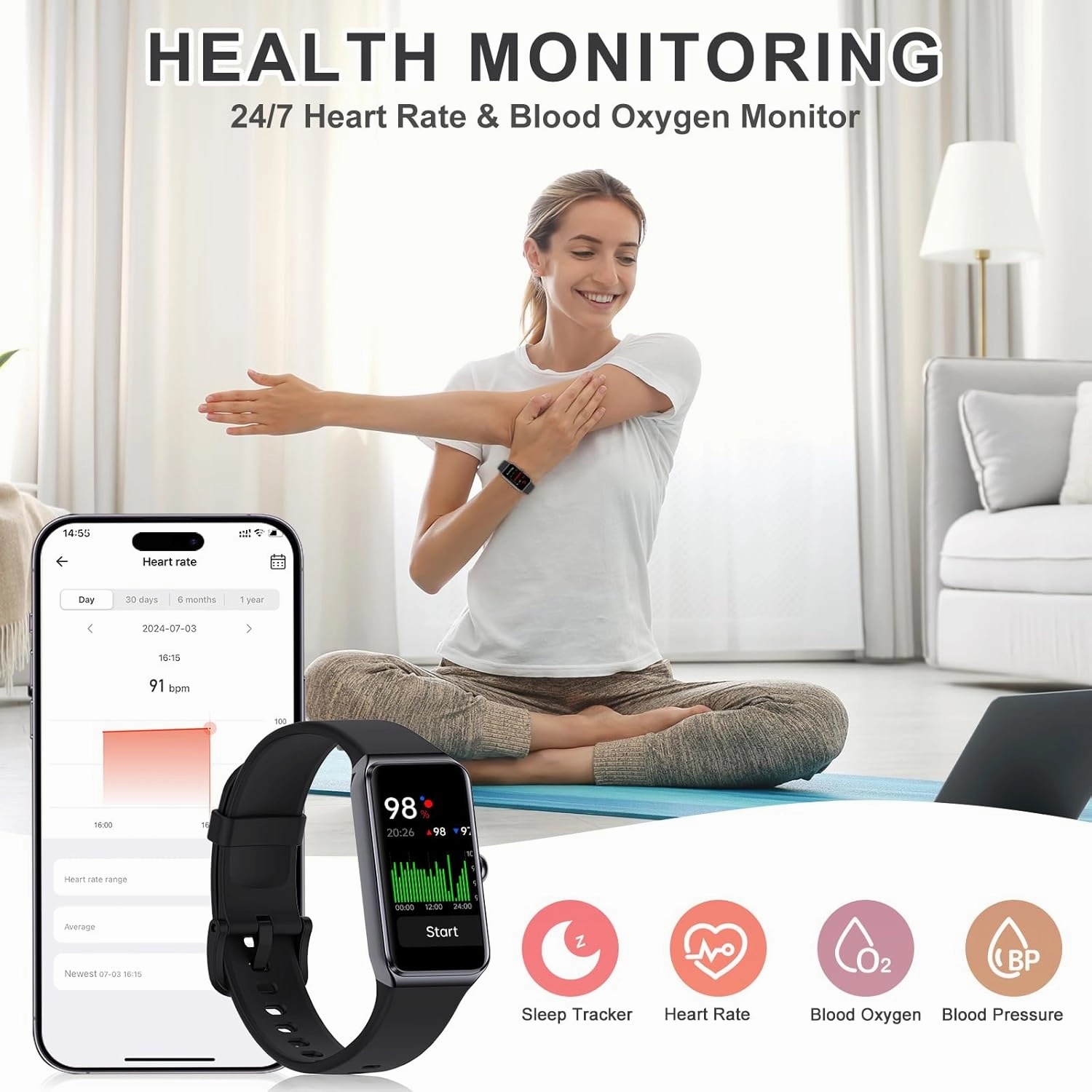 Fitness Tracker, Fitness Watch with 24/7 Heart Rate, Blood Pressure, Step Counter Sleep Tracking, Activity Pedometer for Women Men