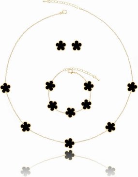 Five Leaf Clover Necklace Bracelet and Stud Set for Women Lucky Flower Gold Plated Jewelry