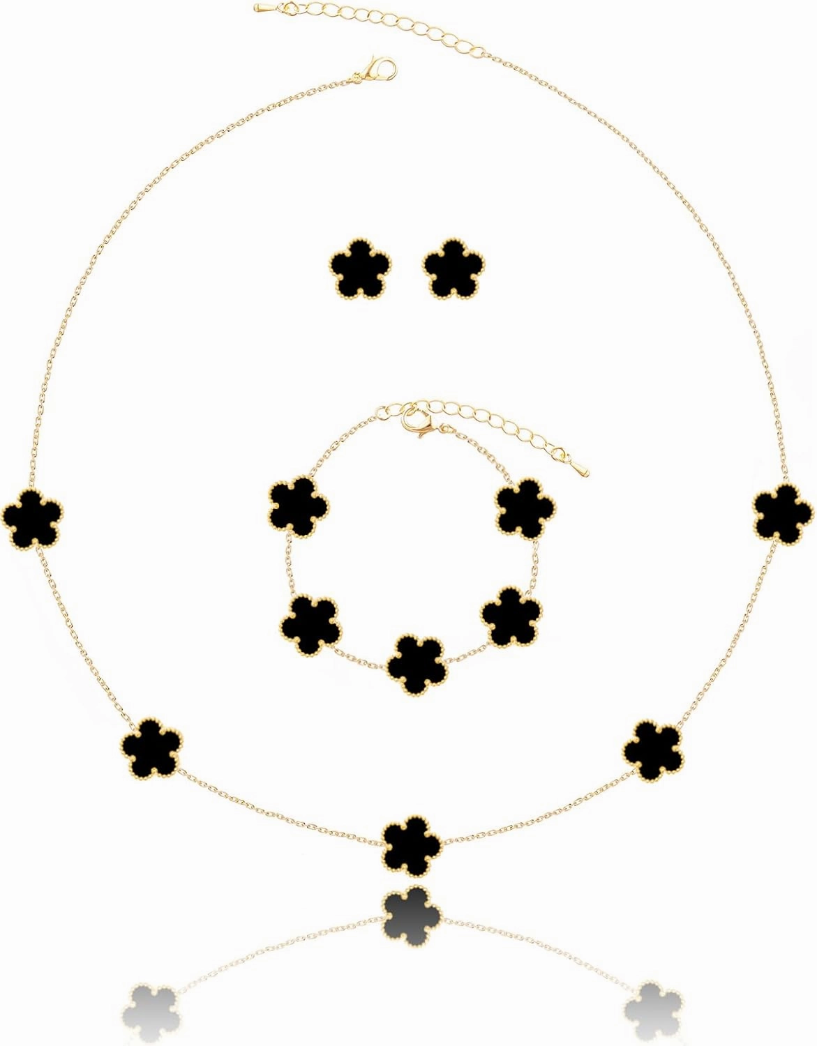 Five Leaf Clover Necklace Bracelet and Stud Set for Women Lucky Flower Gold Plated Jewelry