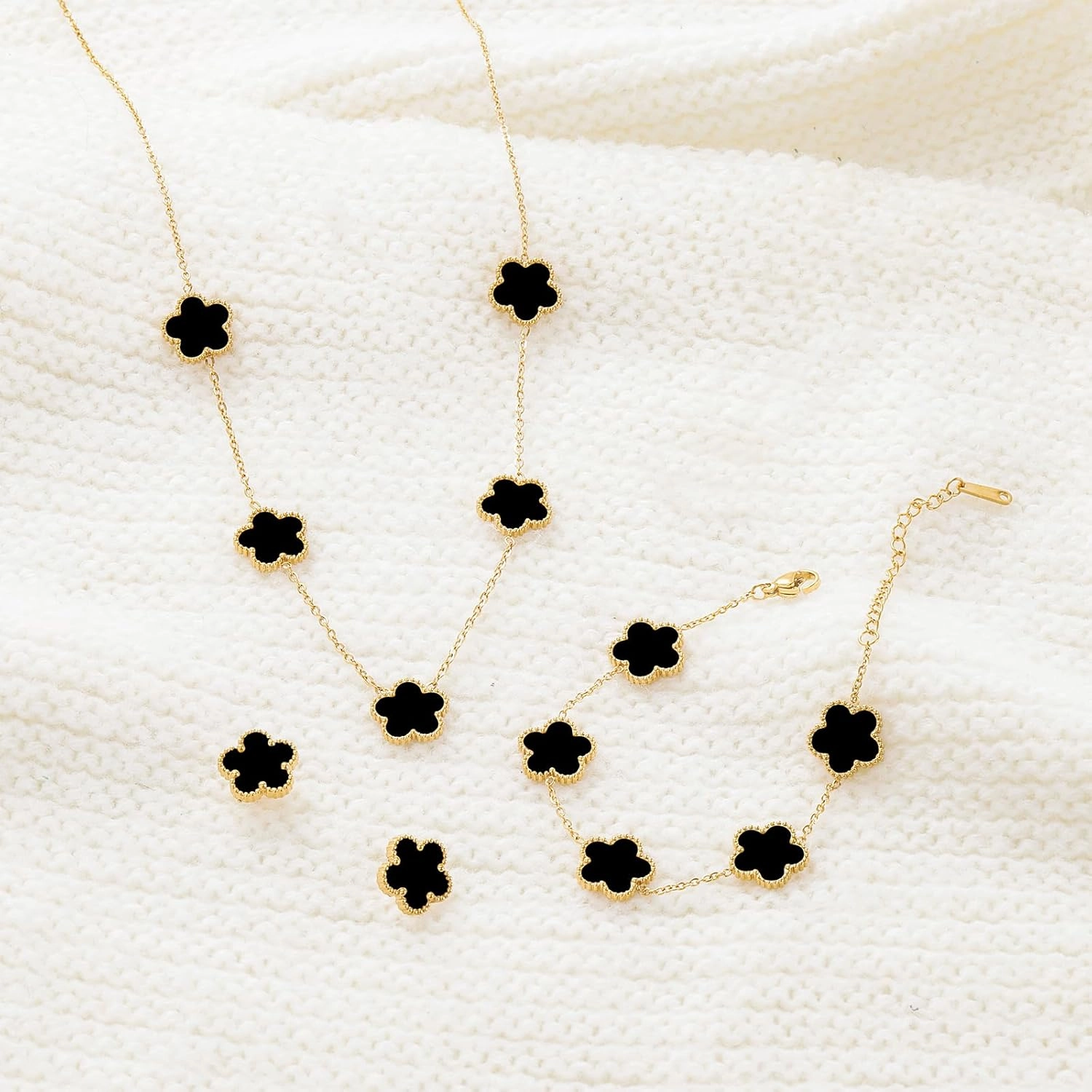 Five Leaf Clover Necklace Bracelet and Stud Set for Women Lucky Flower Gold Plated Jewelry