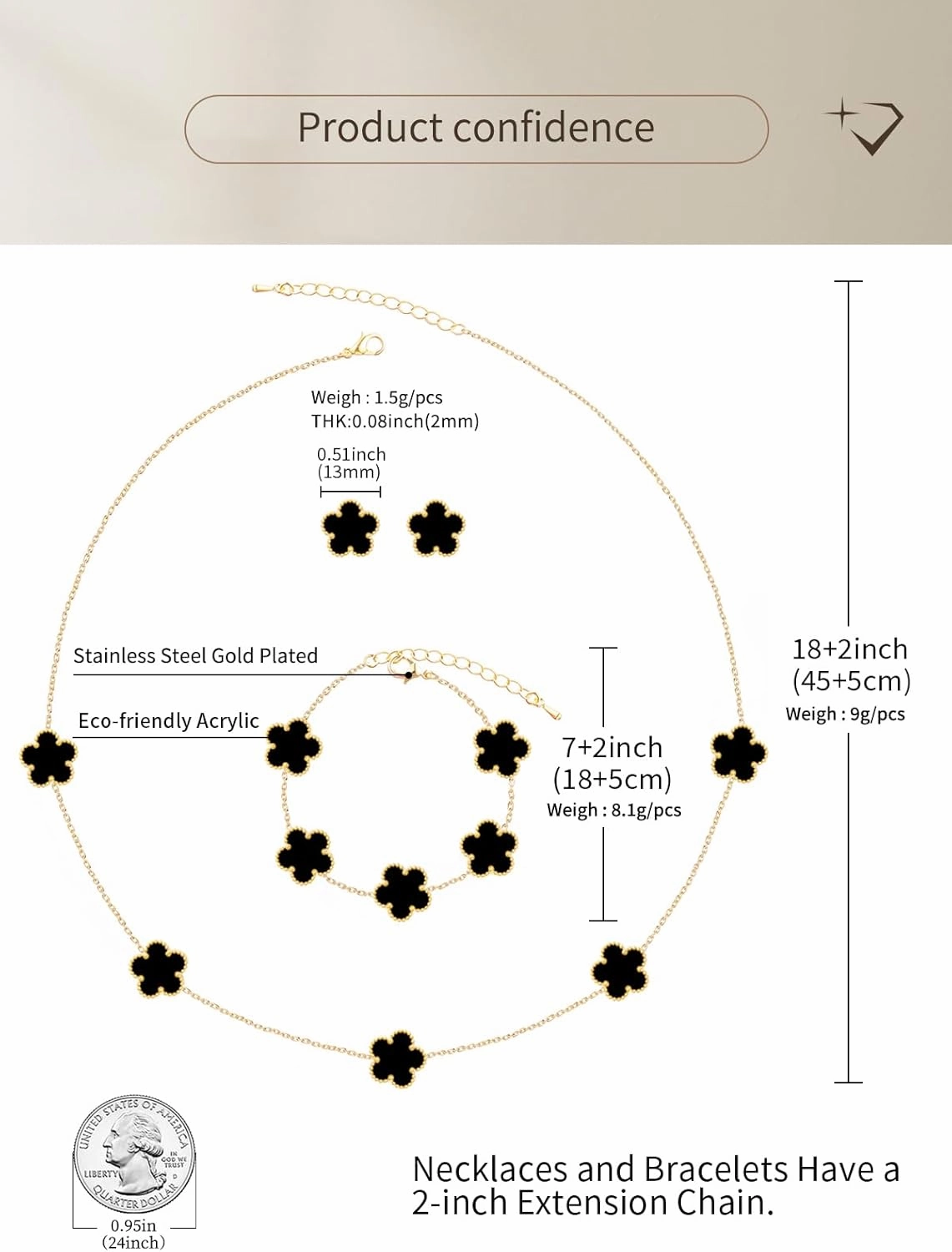 Five Leaf Clover Necklace Bracelet and Stud Set for Women Lucky Flower Gold Plated Jewelry