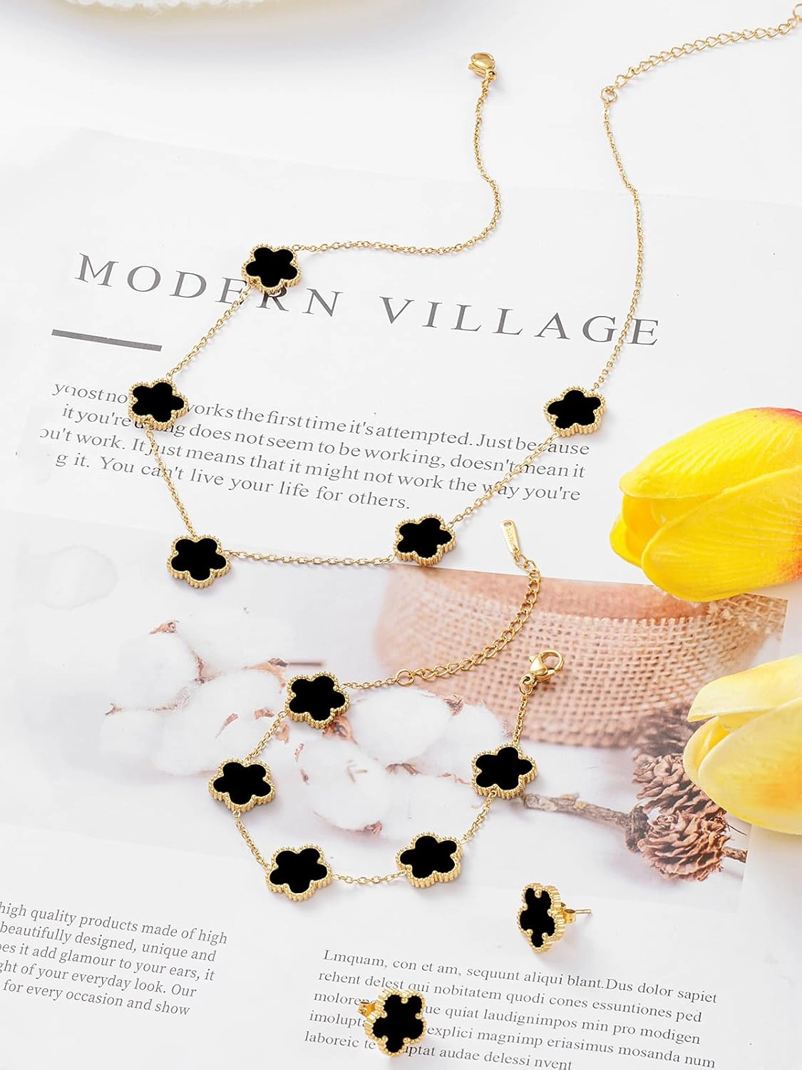 Five Leaf Clover Necklace Bracelet and Stud Set for Women Lucky Flower Gold Plated Jewelry