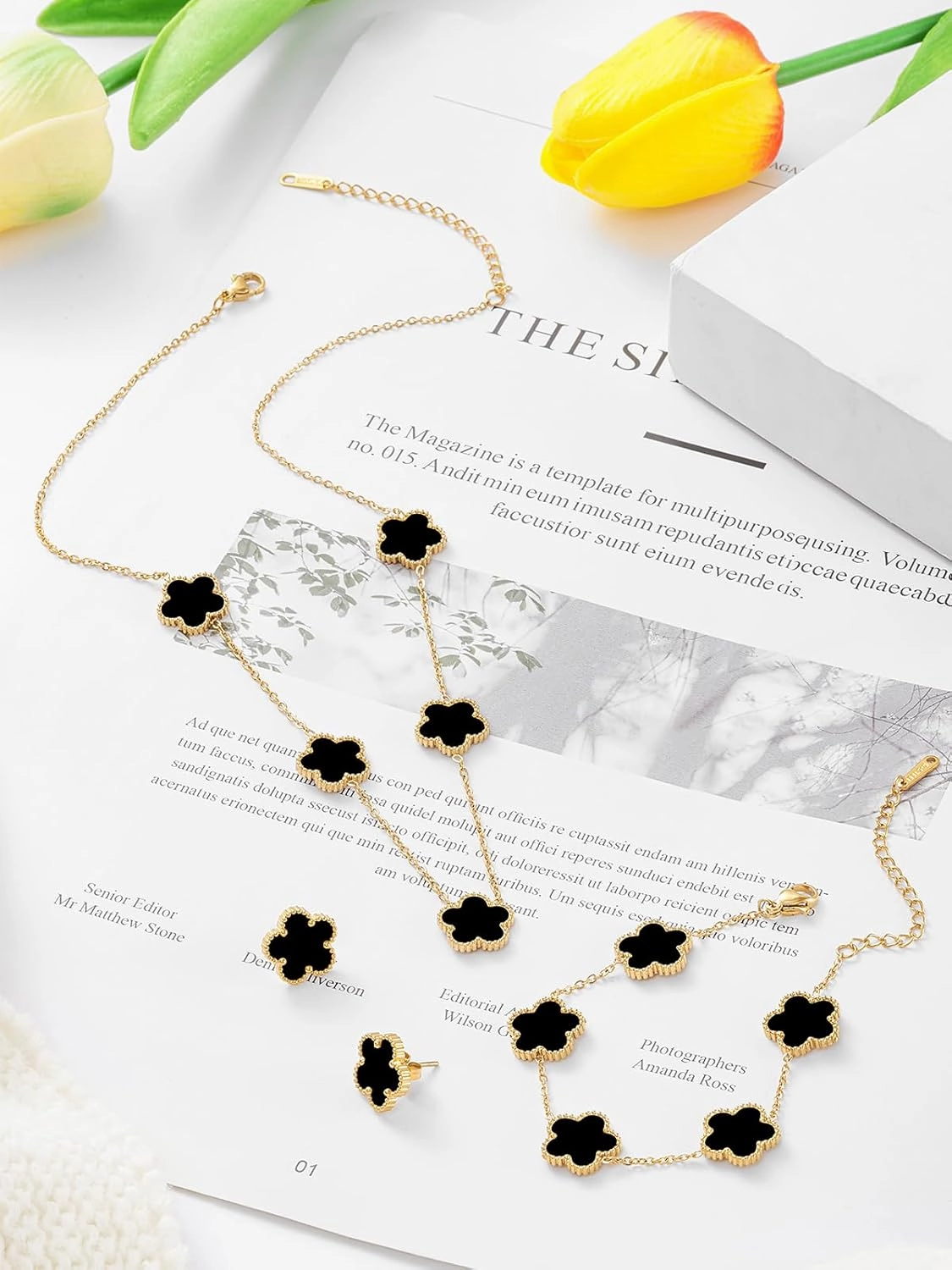Five Leaf Clover Necklace Bracelet and Stud Set for Women Lucky Flower Gold Plated Jewelry