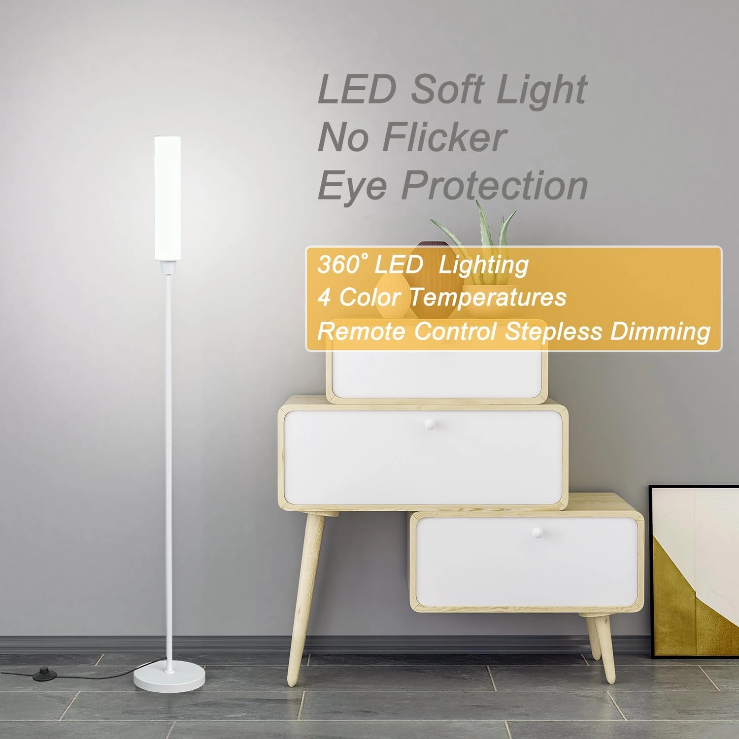 Floor Lamp with Remote Control,Bright Floor Lamps for Living Room/Bedroom/Office, Stepless Adjustable 3000K-6000K Colors and 10-100% Brightness,Standing Light with Foot Switch (White)
