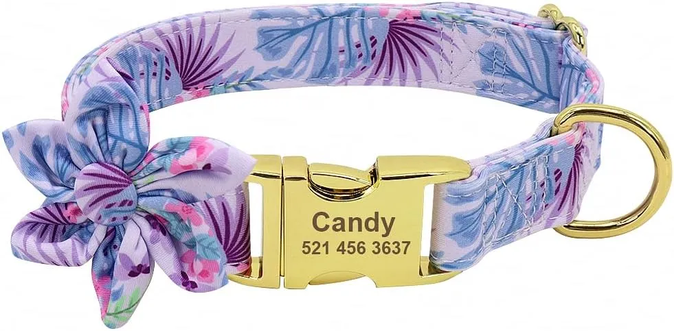 Flower Custom Dog Collar Leash Floral Printed Nylon Pet Dog Collars Lead Personalized Puppy Collars for Small Medium Large Dog 151 Purple L