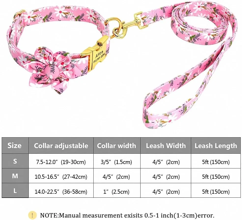 Flower Custom Dog Collar Leash Floral Printed Nylon Pet Dog Collars Lead Personalized Puppy Collars for Small Medium Large Dog 151 Purple L