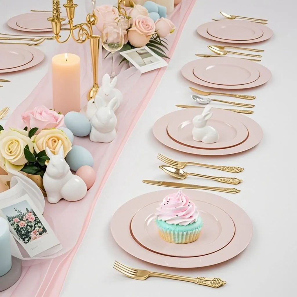 FLOWERCAT 100PCS Pink Plastic Plates - Heavy Duty Pink Party set Disposable serve for 50 guests -10.25inch Dinner   7.5inch Dessert/Salad Plates for Easter,Mother's Day