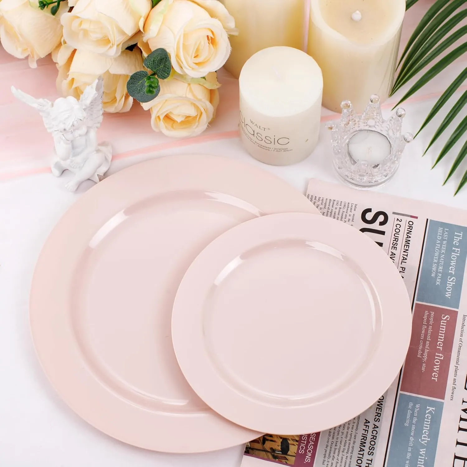 FLOWERCAT 100PCS Pink Plastic Plates - Heavy Duty Pink Party set Disposable serve for 50 guests -10.25inch Dinner   7.5inch Dessert/Salad Plates for Easter,Mother's Day