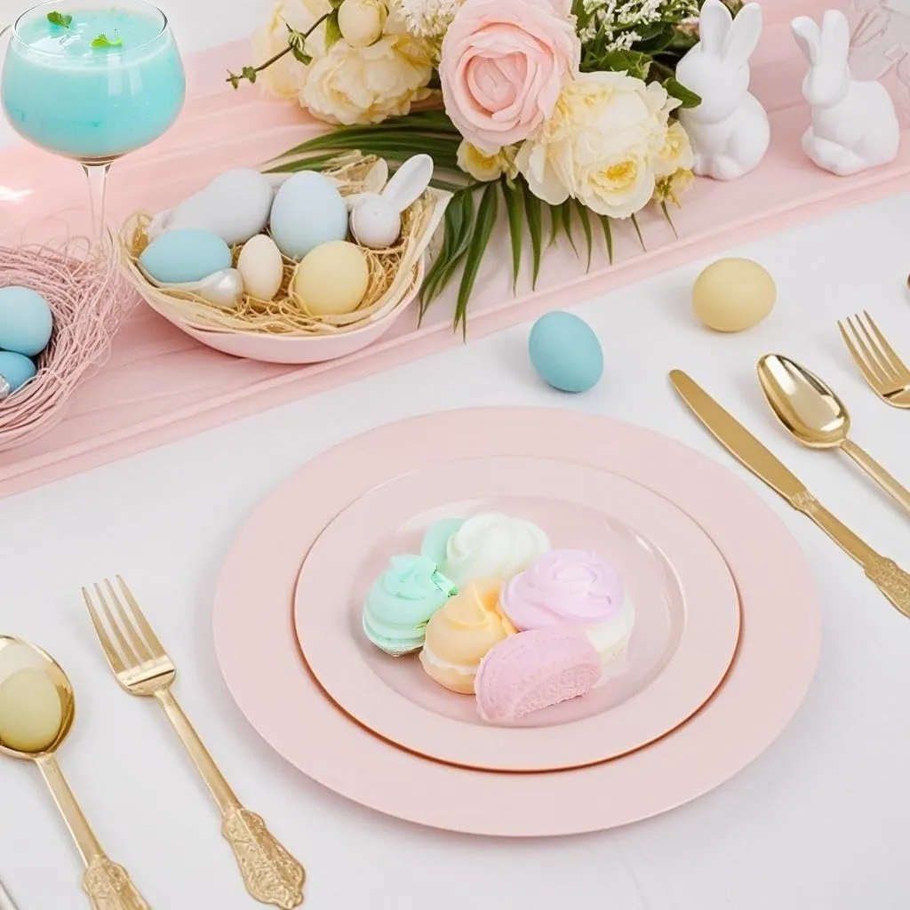 FLOWERCAT 100PCS Pink Plastic Plates - Heavy Duty Pink Party set Disposable serve for 50 guests -10.25inch Dinner   7.5inch Dessert/Salad Plates for Easter,Mother's Day