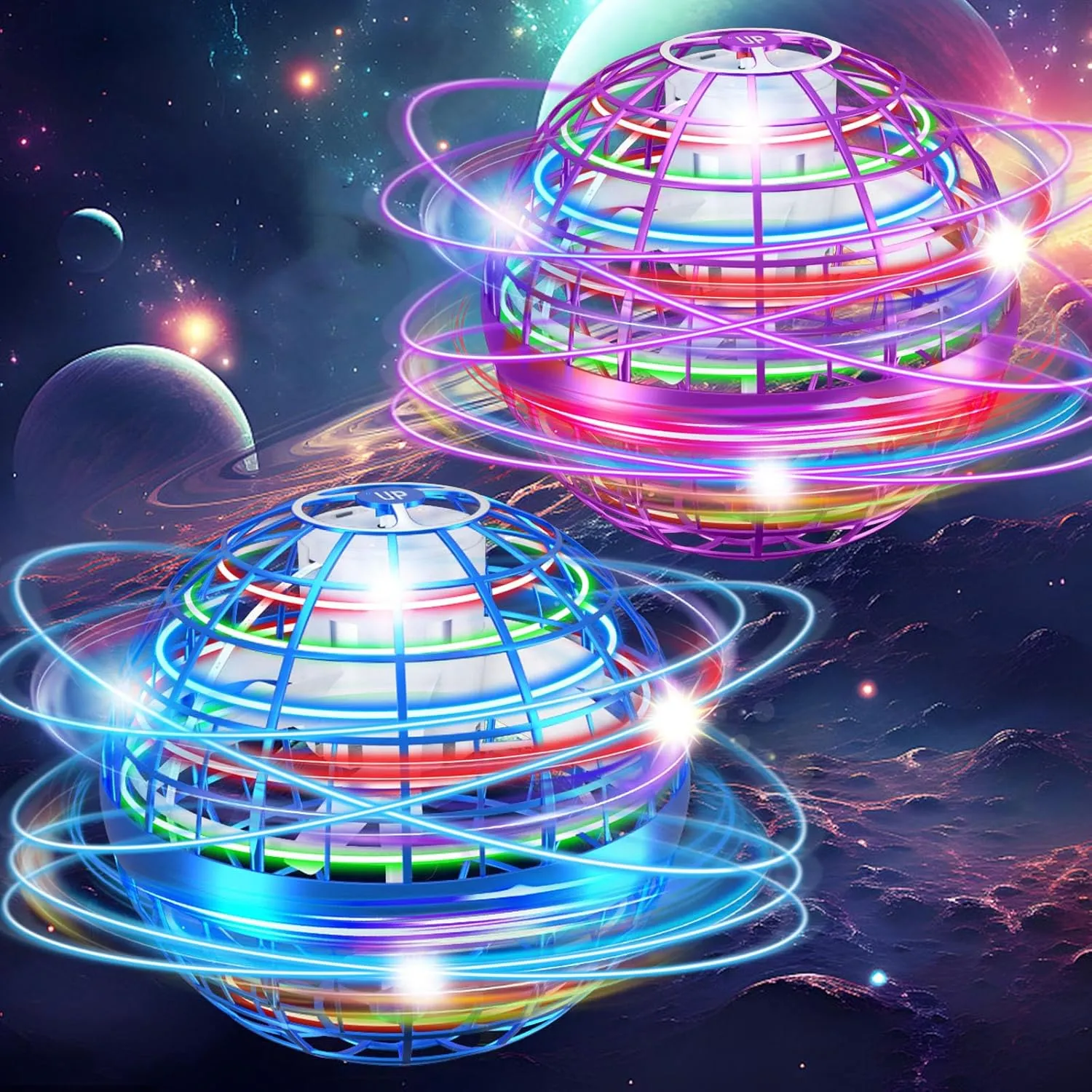 Flying Orb Ball, 2024 Flying Orb Ball Toys, 2-Pack Magic Flying Ball Toy, Galactic Spinner Ball with 360°Rotating RGB Lights, Hand Controlled Boomerang Drone Birthday Gifts for Kids Adults