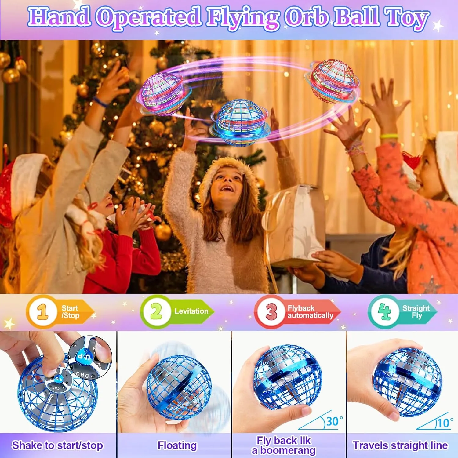 Flying Orb Ball, 2024 Flying Orb Ball Toys, 2-Pack Magic Flying Ball Toy, Galactic Spinner Ball with 360°Rotating RGB Lights, Hand Controlled Boomerang Drone Birthday Gifts for Kids Adults