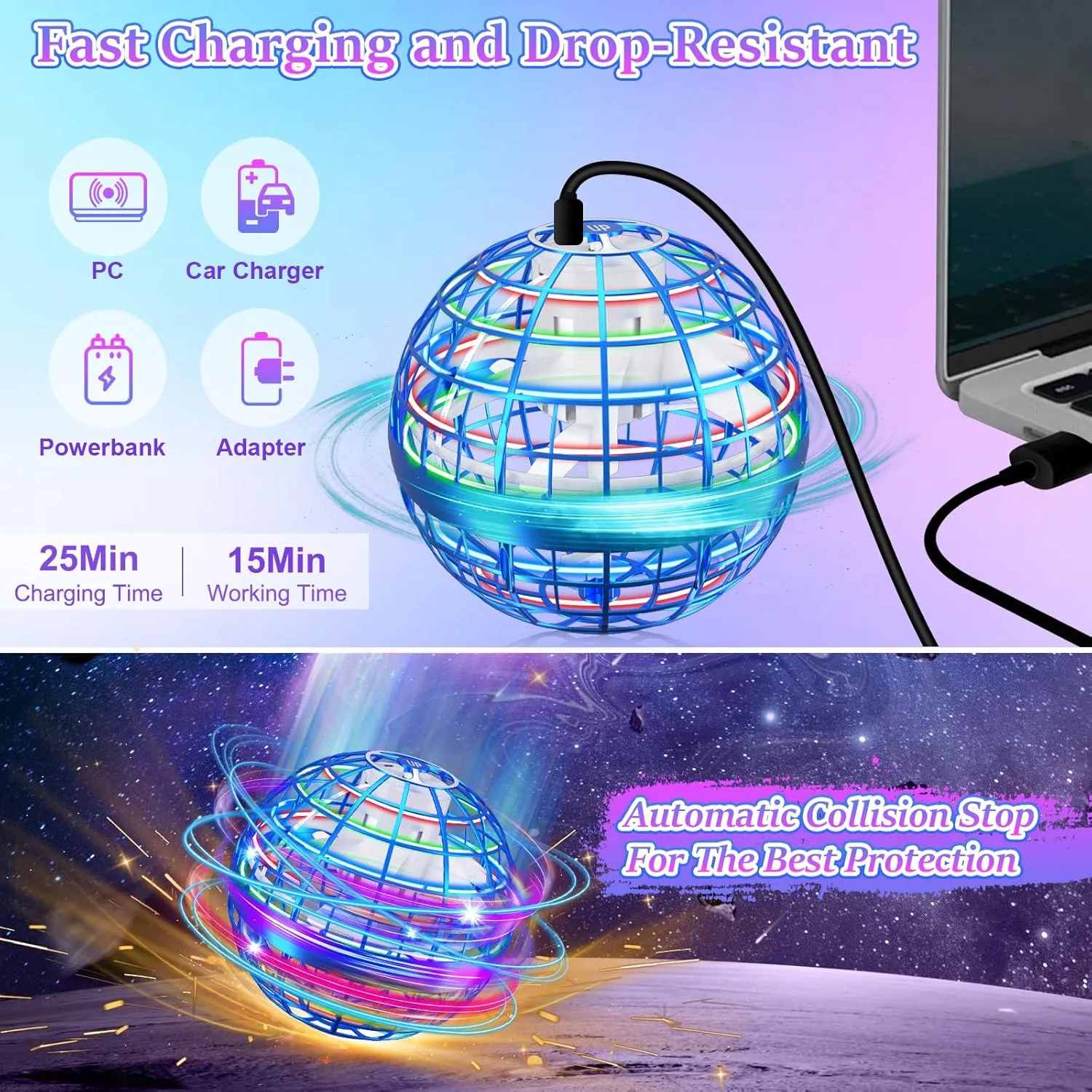 Flying Orb Ball, 2024 Flying Orb Ball Toys, 2-Pack Magic Flying Ball Toy, Galactic Spinner Ball with 360°Rotating RGB Lights, Hand Controlled Boomerang Drone Birthday Gifts for Kids Adults