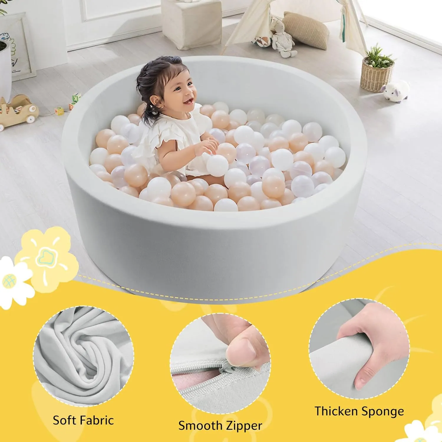 Foam Ball Pit for Toddlers Soft Round Baby Playpen Ball Pool for Kids 35.4"x 11.8" Memory Sponge Ball Pit Indoor Outdoor Baby Game Place Gift Toys for Infants Boys and Girls (Gray, NO Balls)