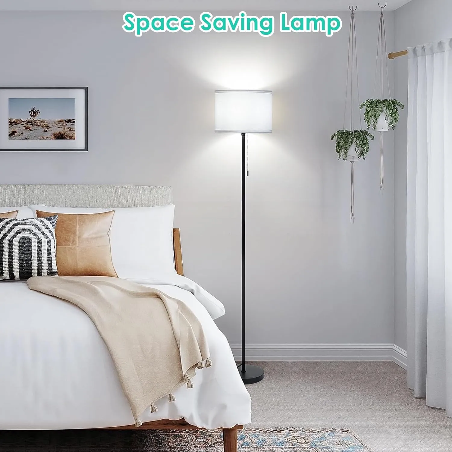 FOLKSMATE Floor Lamp for Living Room, Modern LED Simple Standing Lamps, Minimalist Tall Lamp for Bedroom, Living Room, Office, Kids Room, Reading Light, Black Pole Lamp with White Shade, Without Bulb