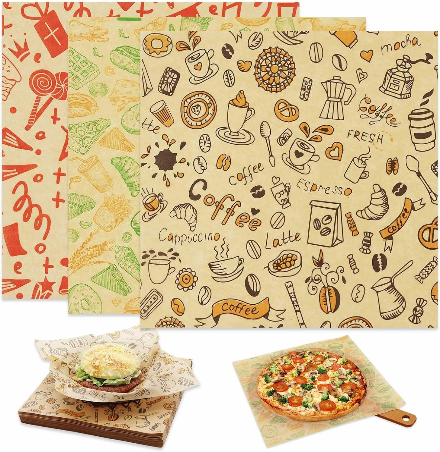 Food Paper Sheets 10"x10" - 300Pcs Paper Liners for Plastic Food Basket, Premium Deli Sandwich Wrappers, Best Kraft Food Wrapping Paper Sheets for Picnic, Festival, Fair or BBQ.