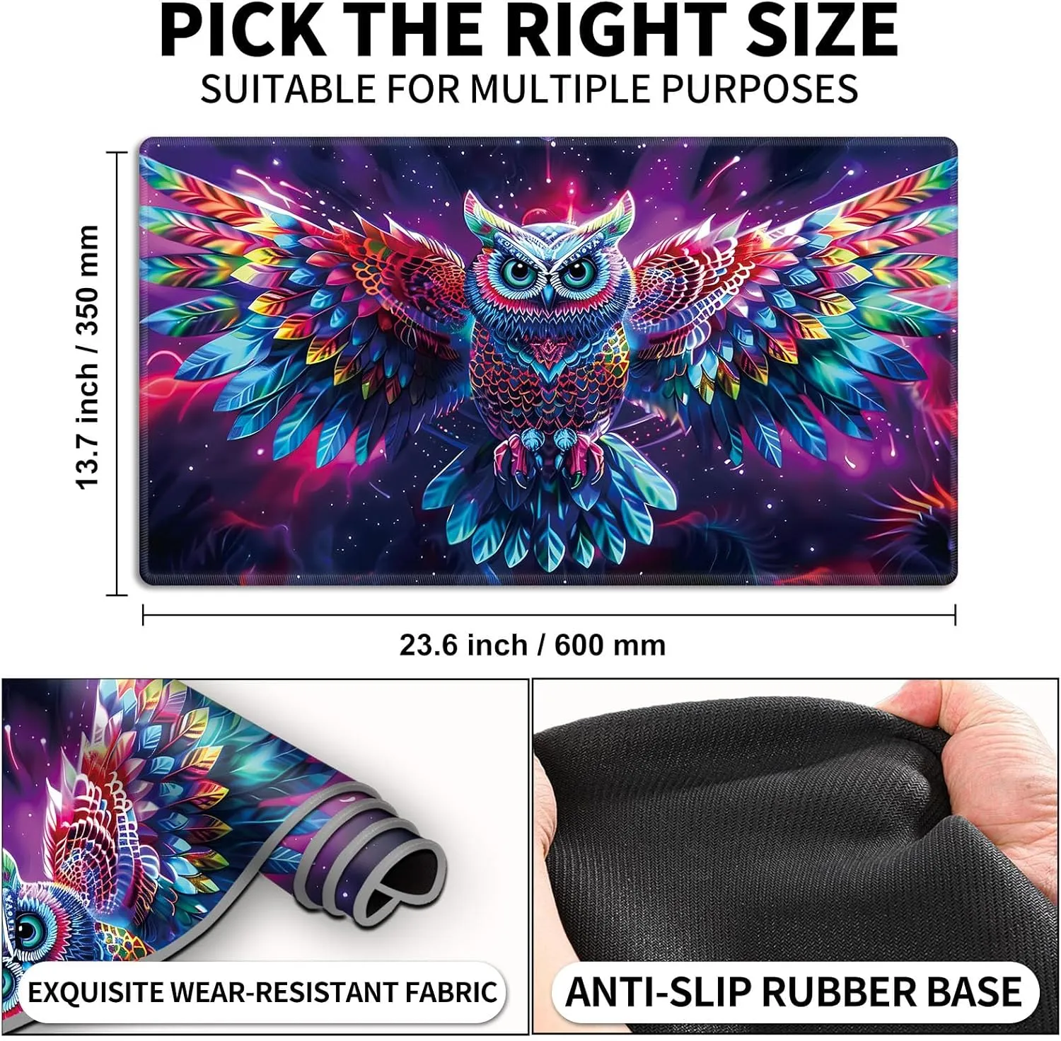 for MTG Playmat, Colorful Owl Magic Playmat, 24x14 inch Stylish for TCG Card Game Play Mat, Non-Slip Rubber Sole with Playmat Storage Bag, Multipurpose Gaming Playmat