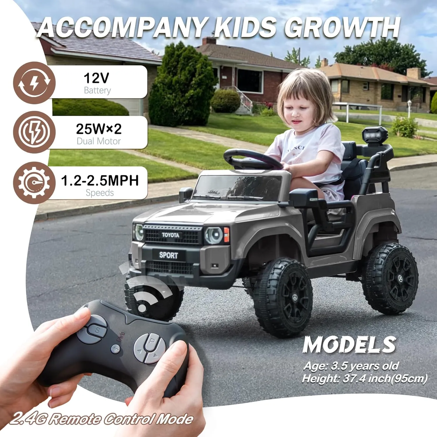 FORESEE 12V Kids Ride on Car Licensed Land Cruiser Battery Powered Electric Car for Kids, Ride on Car with Remote Control, MP3 Player, Bluetooth, 3 Speeds, LED Light (Grey)