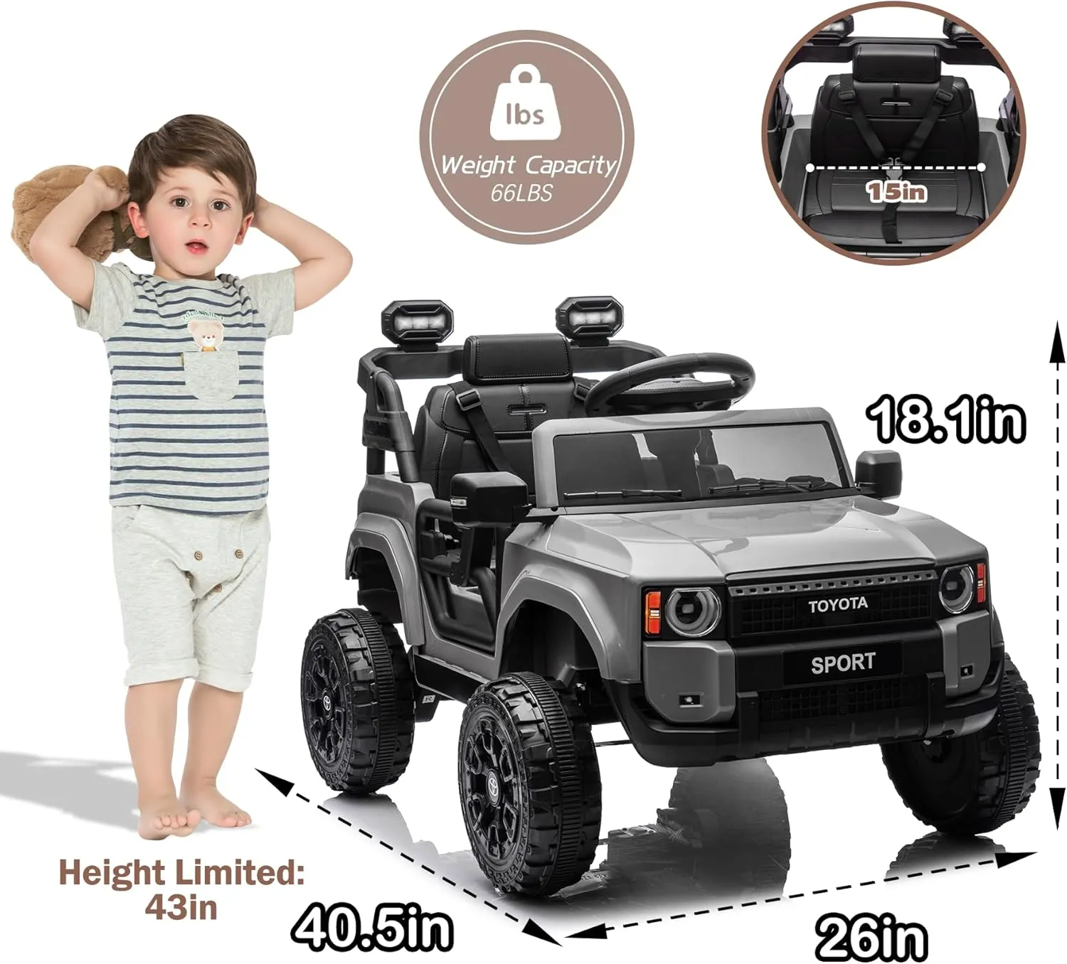 FORESEE 12V Kids Ride on Car Licensed Land Cruiser Battery Powered Electric Car for Kids, Ride on Car with Remote Control, MP3 Player, Bluetooth, 3 Speeds, LED Light (Grey)