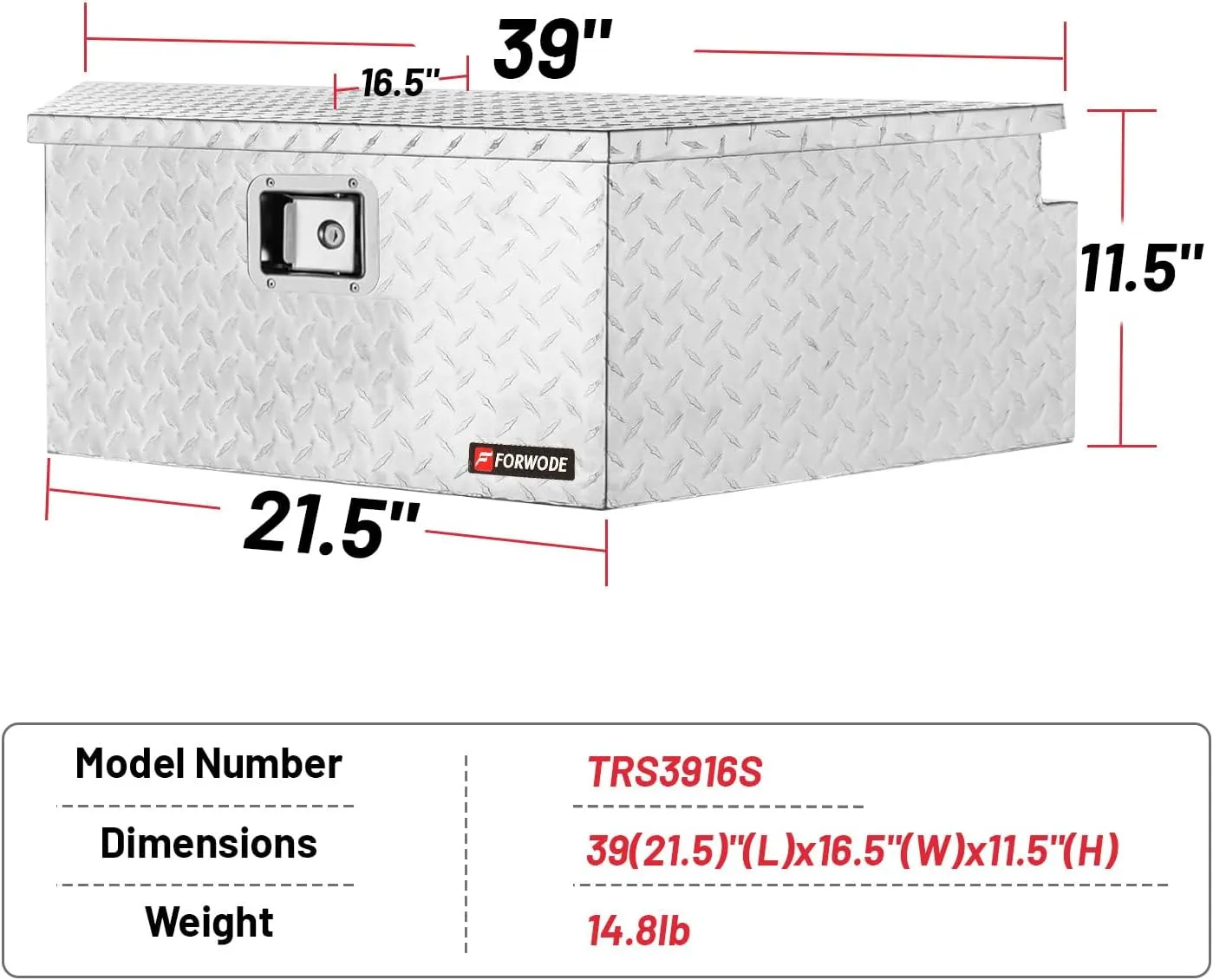 FORWODE 39 Inch Trailer Tongue Box Aluminum Trailer Tool Box for Storage Toolbox, Aluminum Diamond Plate Trailer Tongue Box with Lock - Silver
