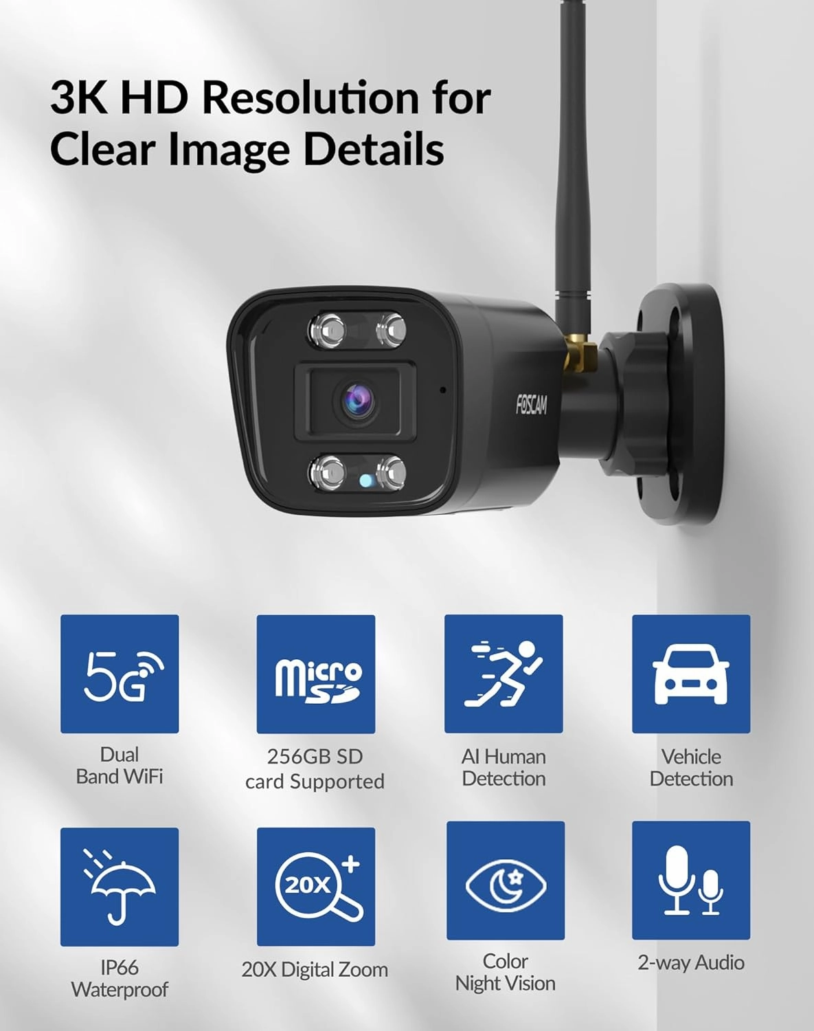 FOSCAM 3K 5MP Outdoor Camera Wireless, 5GHz&2.4GHz WiFi Camera for Home Security, 120° FoV Outside Surveillance Cam, AI Human/Vehicle Detection, 66FT Color Night Vision, 120dB Siren, IP66
