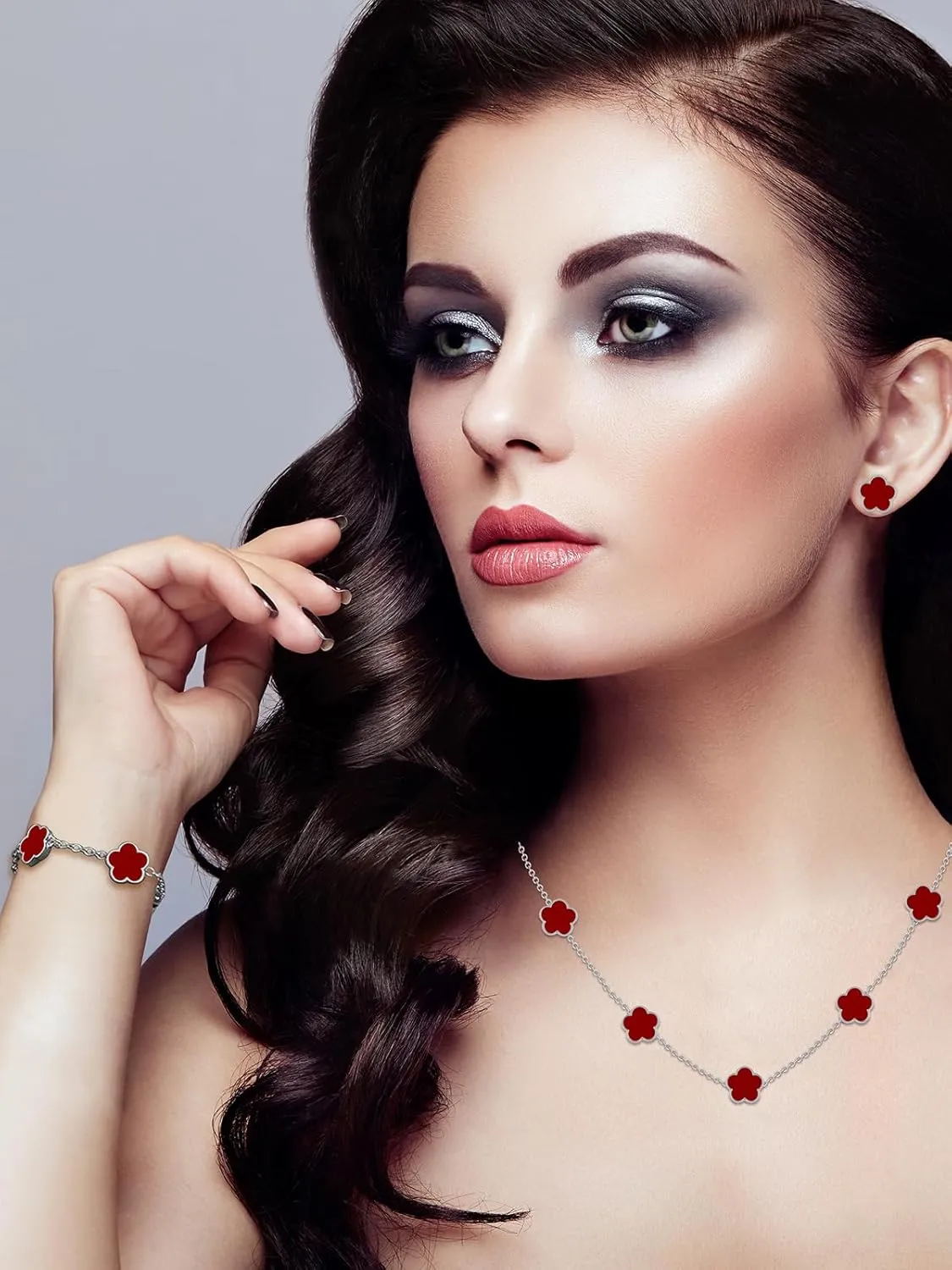 Four Leaf Clover Necklace Bracelet and Stud Earrings Set for Women Lucky Flower 14K Gold Jewelry