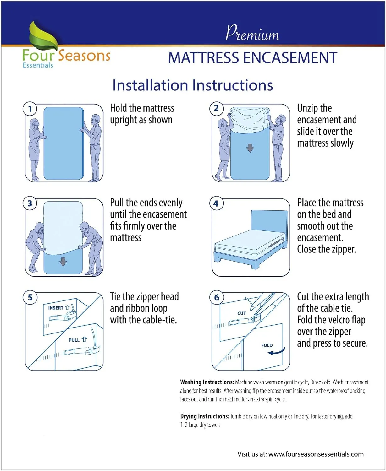Four Seasons Essentials Queen Mattress Protector - Zippered Bedbug Waterproof Mattress Cover, Premium Quality Hypoallergenic Bed Encasement White