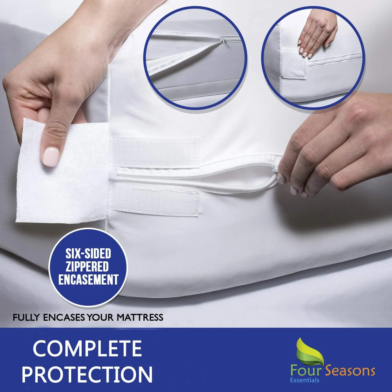 Four Seasons Essentials Queen Mattress Protector - Zippered Bedbug Waterproof Mattress Cover, Premium Quality Hypoallergenic Bed Encasement White