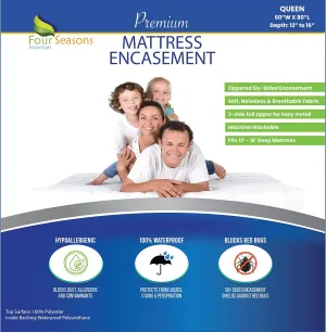 Four Seasons Essentials Queen Mattress Protector - Zippered Bedbug Waterproof Mattress Cover, Premium Quality Hypoallergenic Bed Encasement White