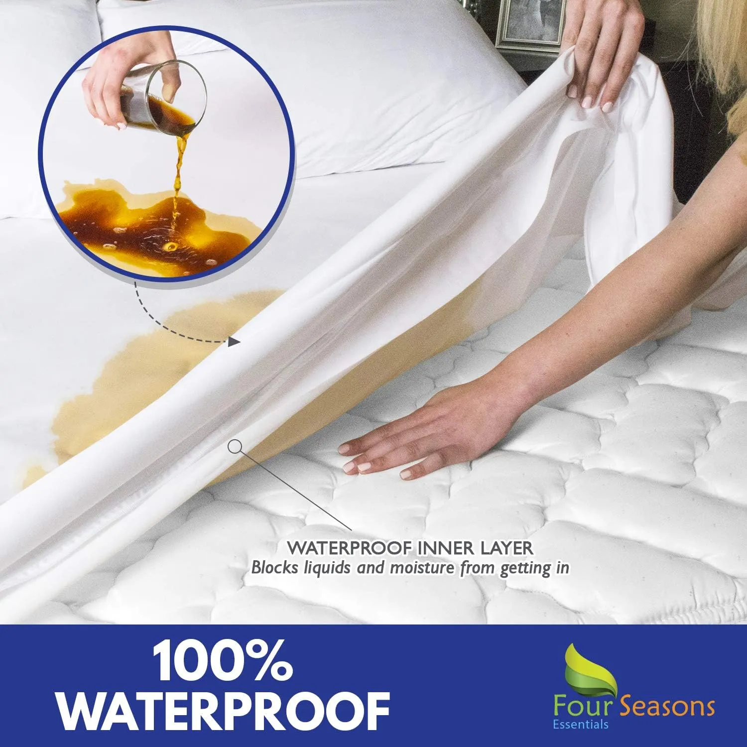 Four Seasons Essentials Queen Mattress Protector - Zippered Bedbug Waterproof Mattress Cover, Premium Quality Hypoallergenic Bed Encasement White