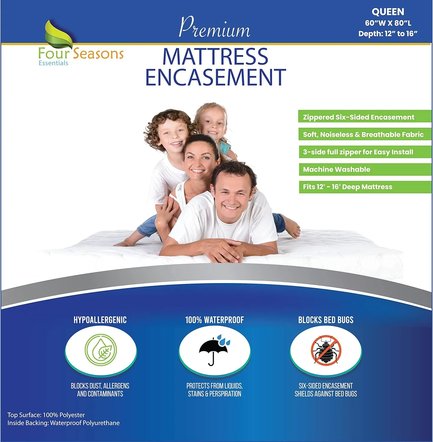 Four Seasons Essentials Queen Mattress Protector - Zippered Bedbug Waterproof Mattress Cover, Premium Quality Hypoallergenic Bed Encasement White