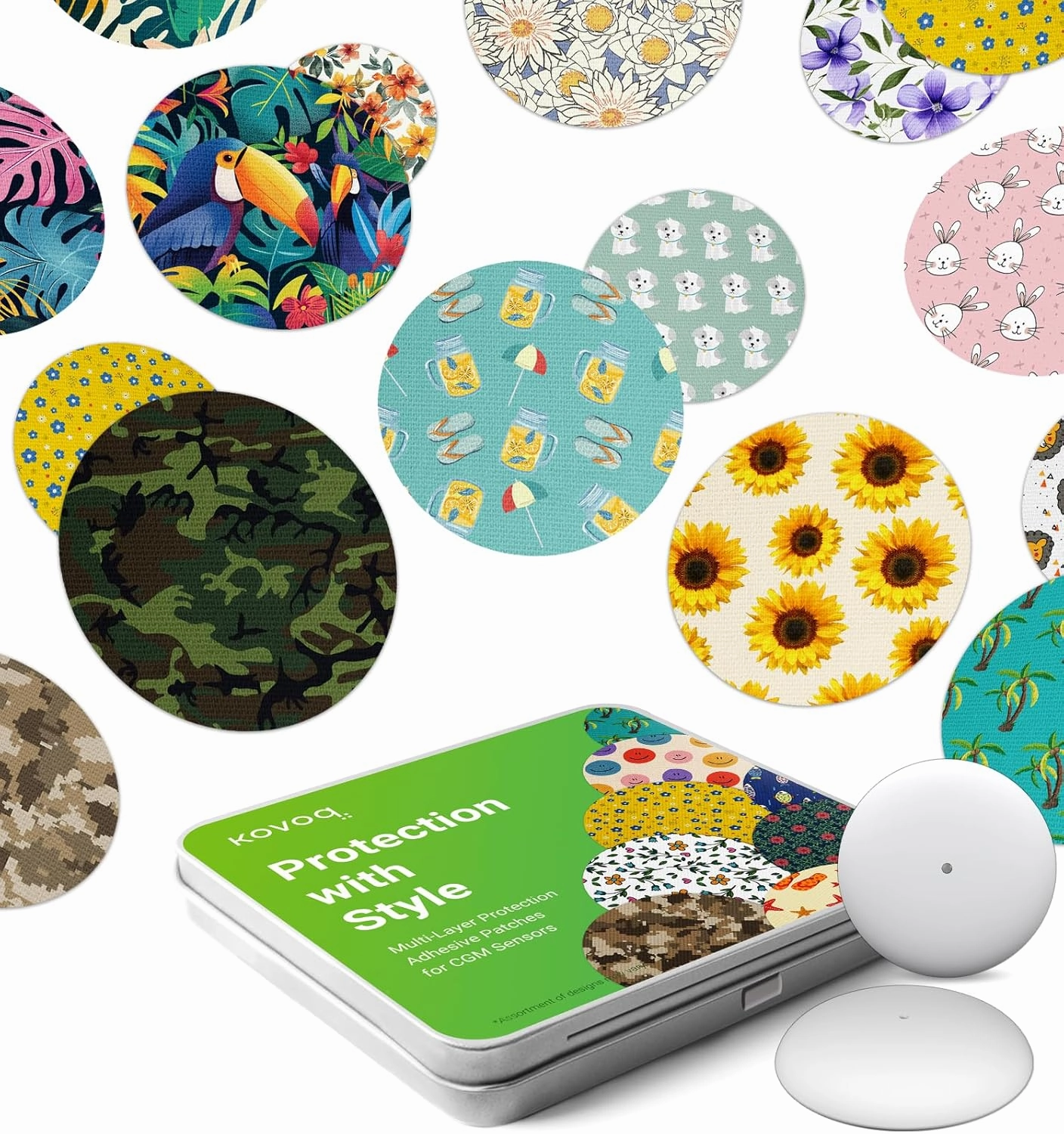 Freestyle Libre 2 & Lingo Colorful Adhesive Patches, 2pcs Protective Hardshell Cover   10pcs Surprise Pattern Sensor Patches,Multiple Protection for CGM Glucose Monitor