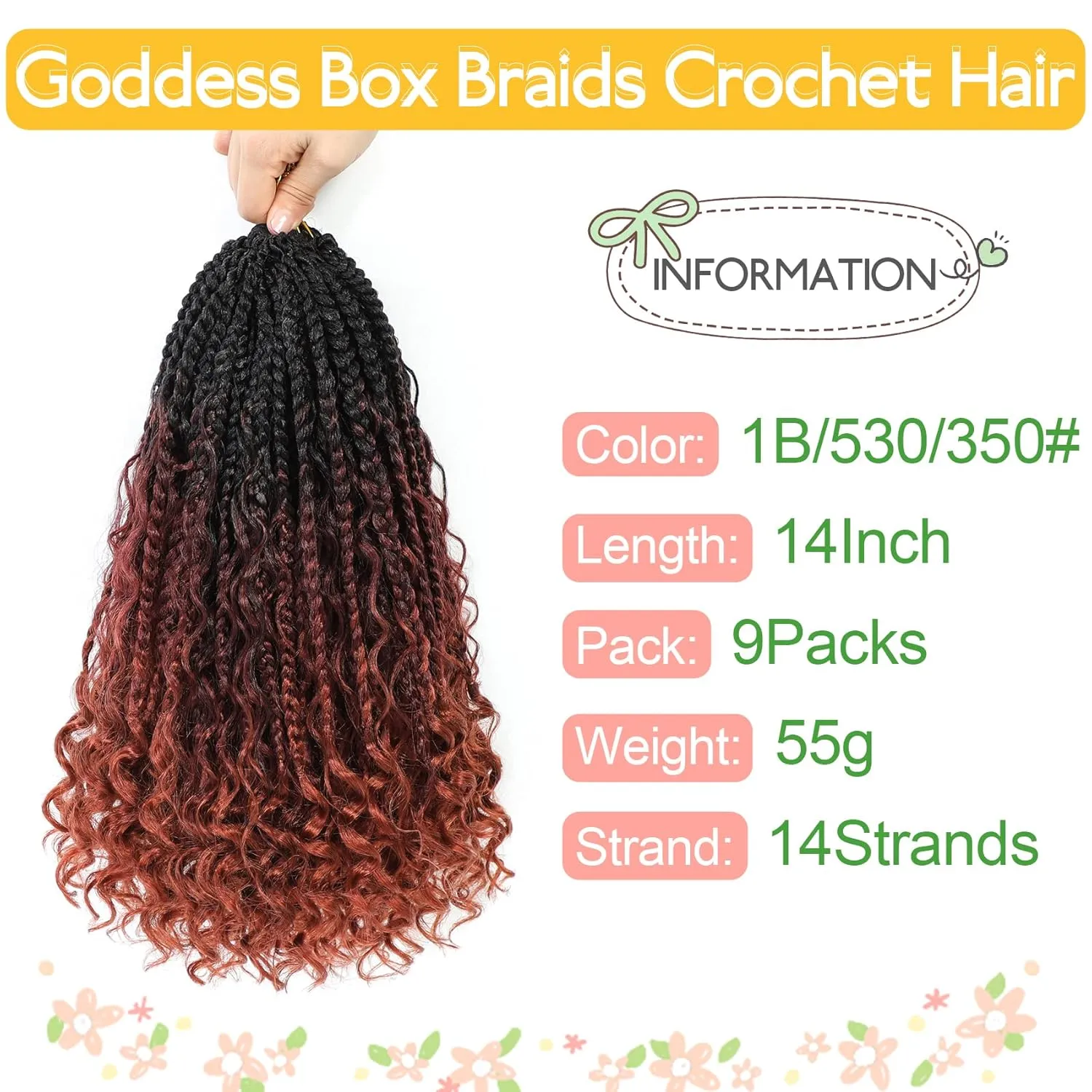 Fulcrum Goddess Box Braids Crochet Hair 14 Inch, 9 Packs Boho Box Braid Crochet Hair for Women, Pre-looped Bohemian 3X Crochet Braiding Hair with Curly Ends (14Inch, 1B/530/350#)