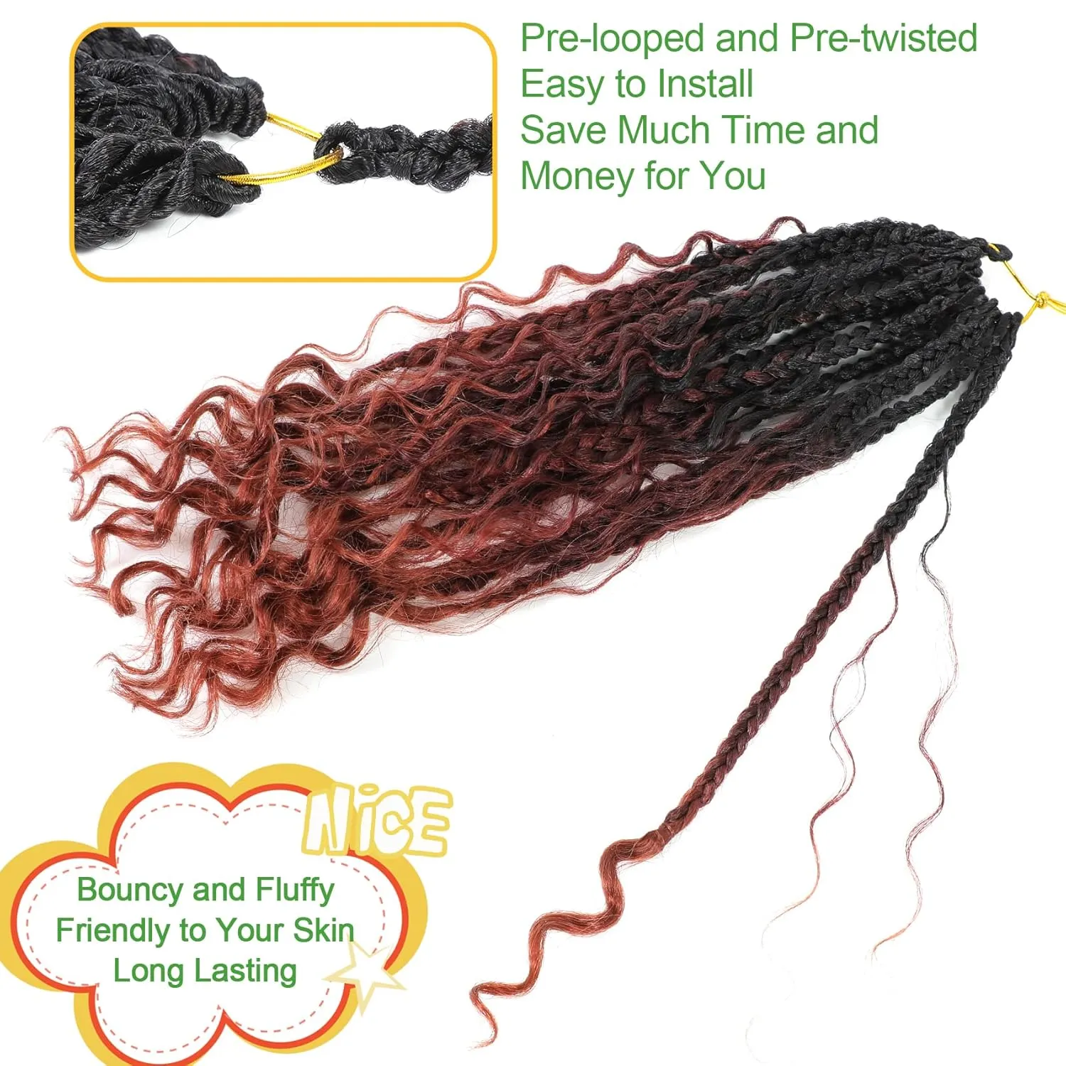 Fulcrum Goddess Box Braids Crochet Hair 14 Inch, 9 Packs Boho Box Braid Crochet Hair for Women, Pre-looped Bohemian 3X Crochet Braiding Hair with Curly Ends (14Inch, 1B/530/350#)