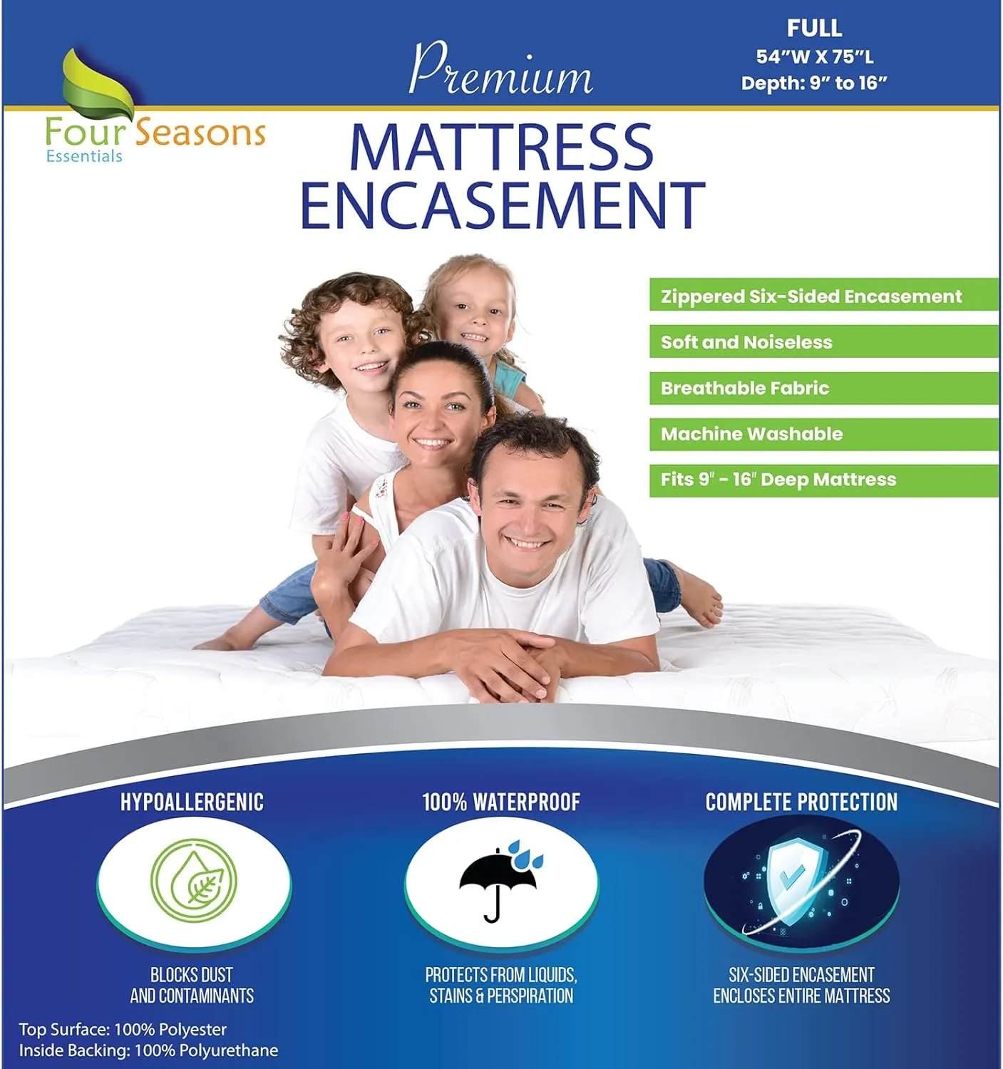Full Size Mattress Protector Bedbug Waterproof Zippered Cover Hypoallergenic Premium Quality Encasement White