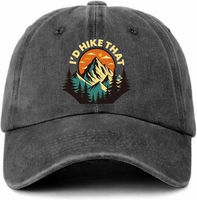 Funny Hiking Hat I'd Hike That Retro Mountains Printed Baseball Cap Classic Cotton Adjustable Washed Baseball Hat for Men Women Great Trucker Hat Gift for Dad Mom Friend Camper Hiking Lover