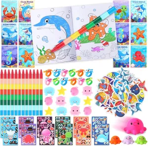 Funrous 122 Pcs Under the Sea Party Favors Ocean Animals Party Coloring Books with Crayons Bulk DIY Sticker Octopus Pull Back Car Goodie Bag Fillers for School Gift Rewards Activity Supplies