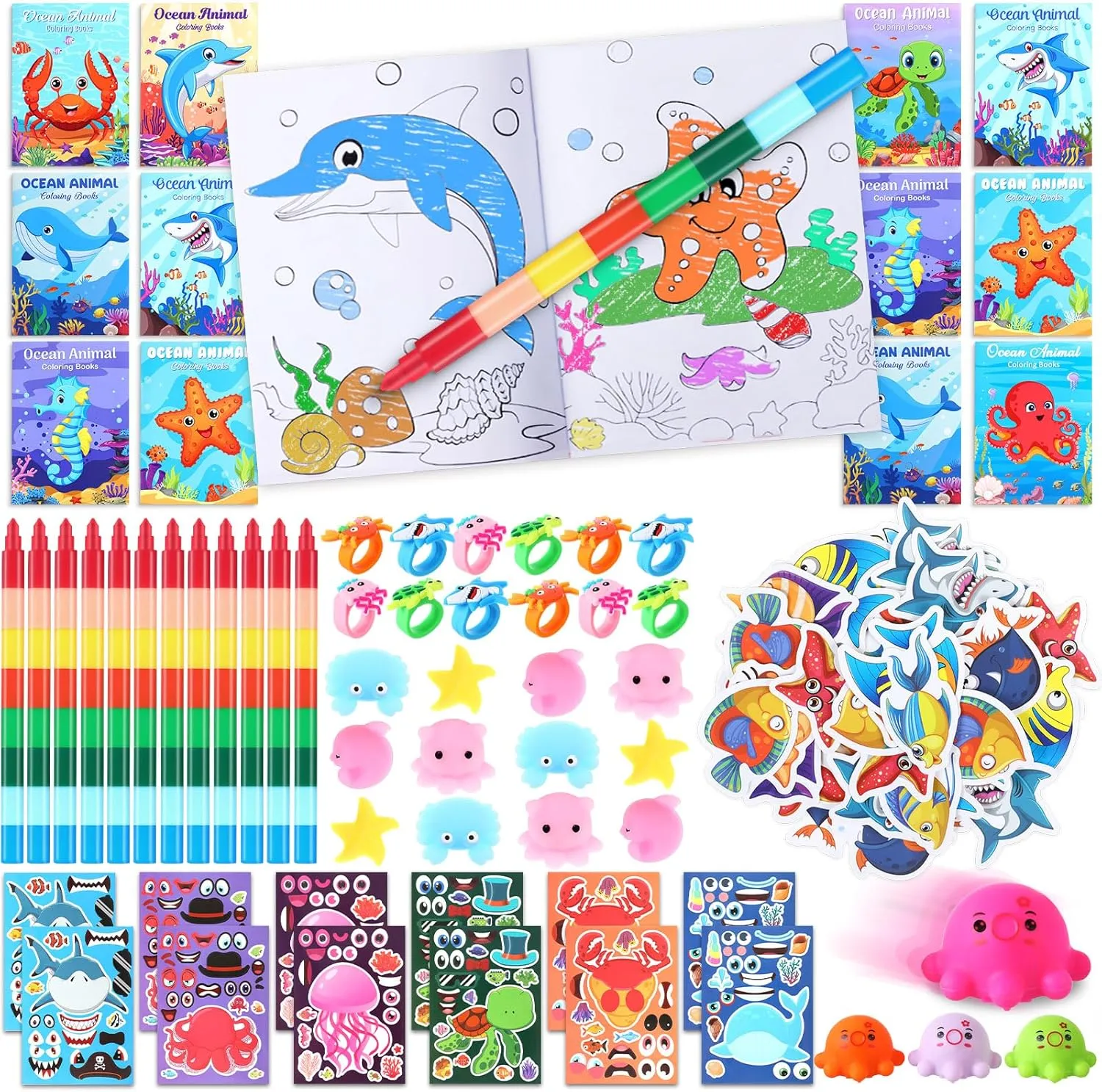 Funrous 122 Pcs Under the Sea Party Favors Ocean Animals Party Coloring Books with Crayons Bulk DIY Sticker Octopus Pull Back Car Goodie Bag Fillers for School Gift Rewards Activity Supplies