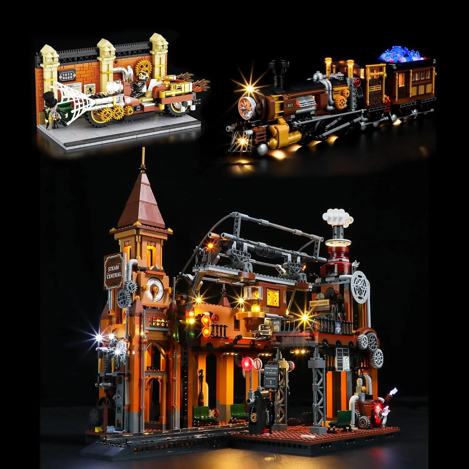 FUNWHOLE Steampunk Motorcycle Chase and Steampunk Train Plus Train Station Lighting Building Bricks Set