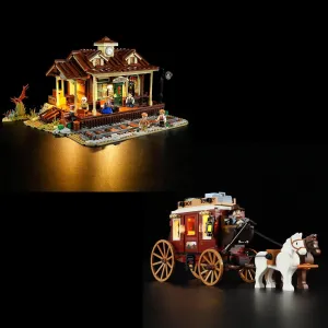 FUNWHOLE Wild West Train Station Lighting Building-Bricks Set & Western Stagecoach Lighting Building-Bricks Set