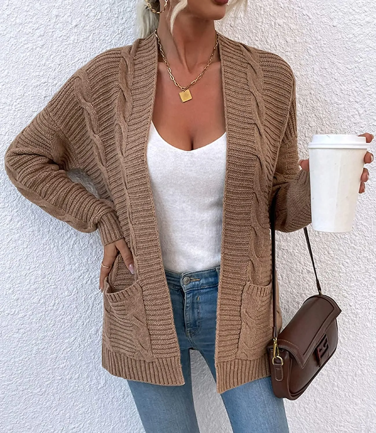 futurino Knit Cardigan Women's Chunky Open Front Outwear Cover Up with Pockets