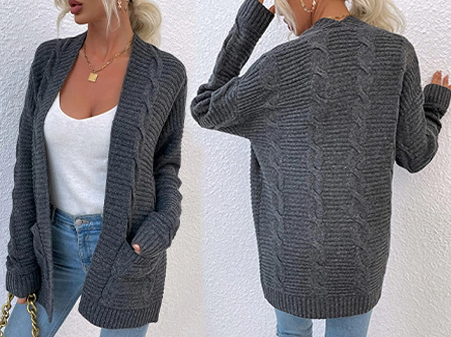 futurino Knit Cardigan Women's Chunky Open Front Outwear Cover Up with Pockets
