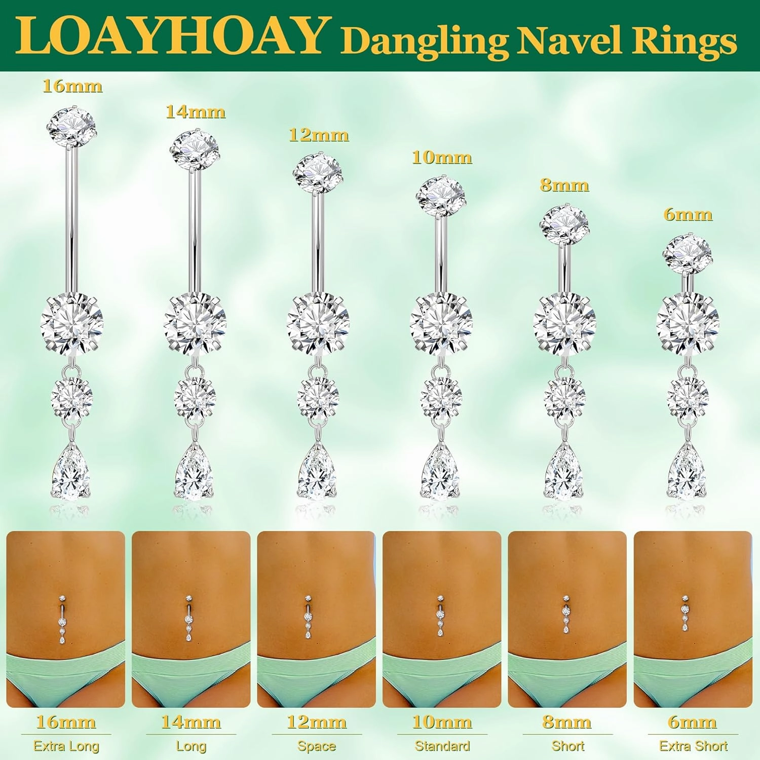 G23 Pure Titanium Dangle Belly Button Rings for Women Internally Thread Curved Barbell Belly Rings Dangling Navel Rings CZ Teardrop Navel Piercing Jewelry 6-16mm