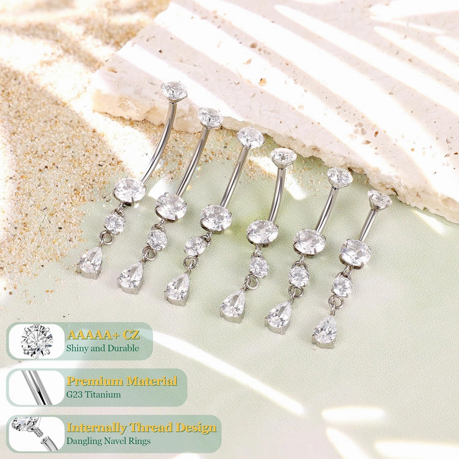 G23 Pure Titanium Dangle Belly Button Rings for Women Internally Thread Curved Barbell Belly Rings Dangling Navel Rings CZ Teardrop Navel Piercing Jewelry 6-16mm